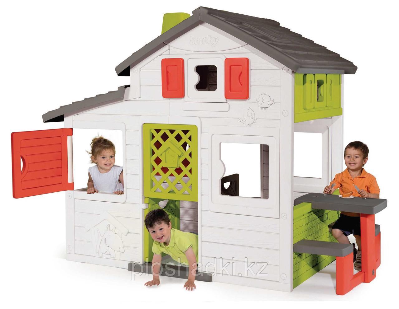 Домик для детей игрушечный, пластик, с дверью и звонком, со скамейкой и столиком