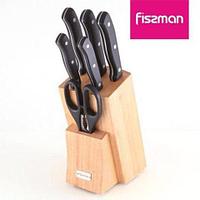 Набор кухонных ножей на деревяной подставке из 7 предметов Fissman (Черная классика)