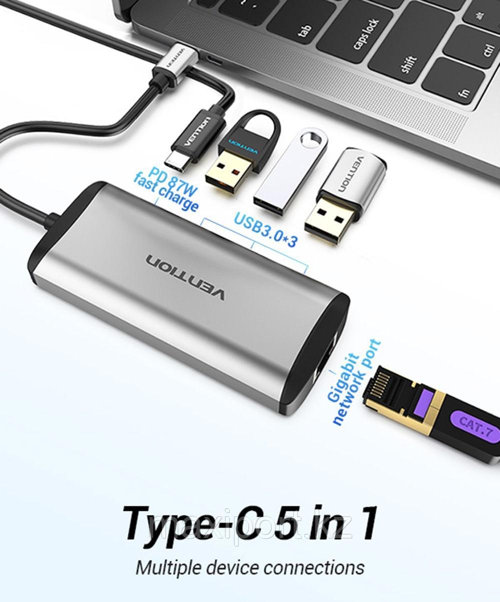 Адаптер Vention 5in1 Type-c To usb3.0×3/Gigabit Ethernet/PD Hub