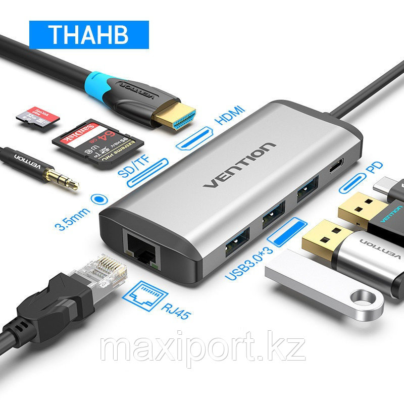 Адаптер Vention 9in1 Type-c To HDMI/USB3.0×3/TF/SD/RJ45/3.5mm/PD