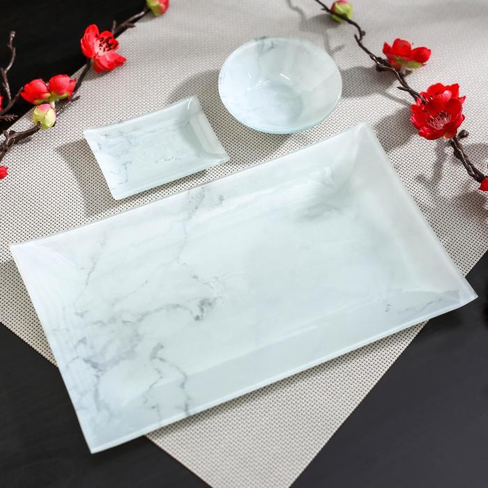 Набор для суши «Марбл белый», 3 предмета: соусники 8×2 / 8×6 см, подставка 25×15 см