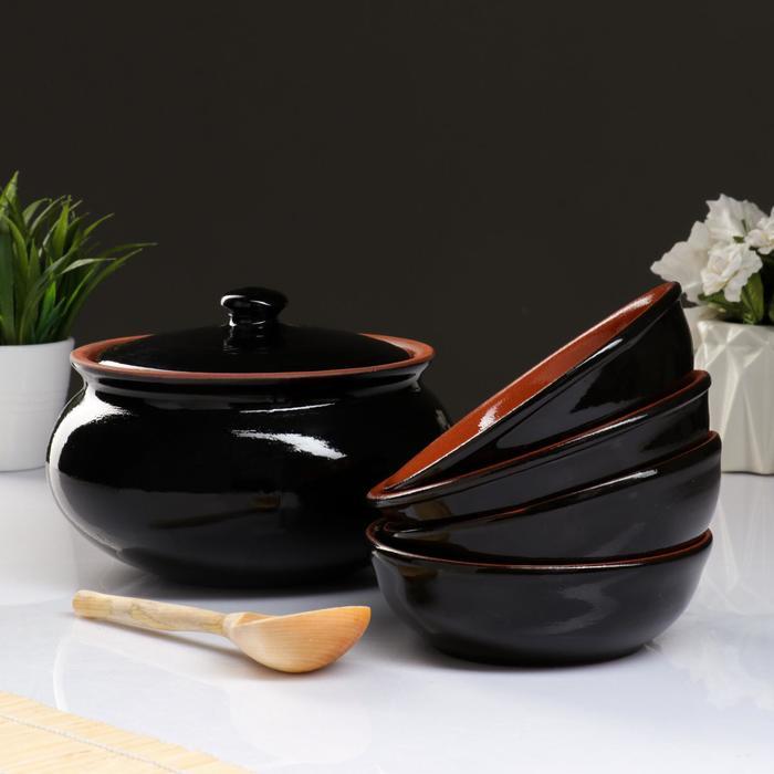 Набор посуды "Вятская керамика" 2,5л + 4х0,5л + деревянная ложка, черный