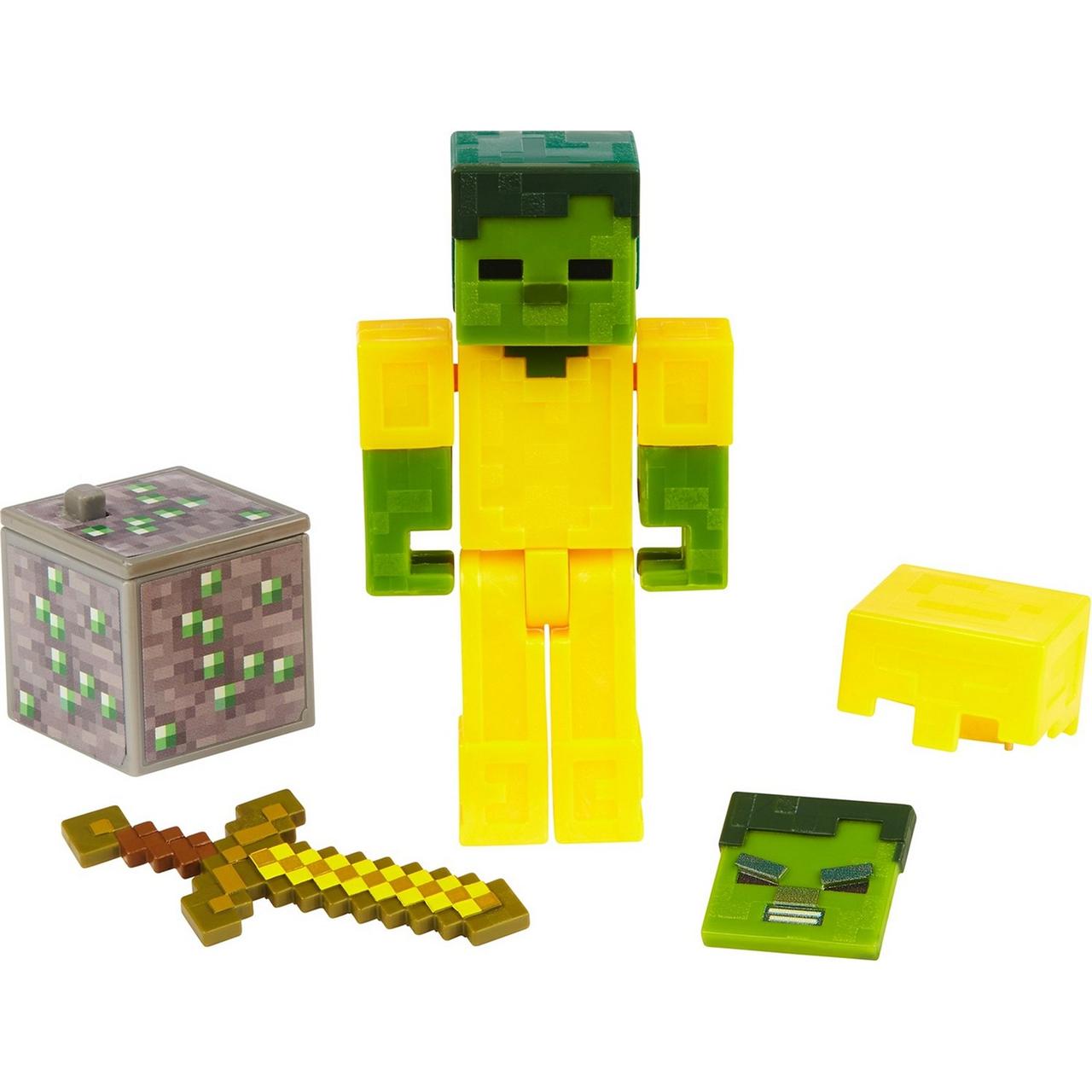 Minecraft Фигурка Майнкрафт Зомби в золотой броне с аксессуарами, 7 см