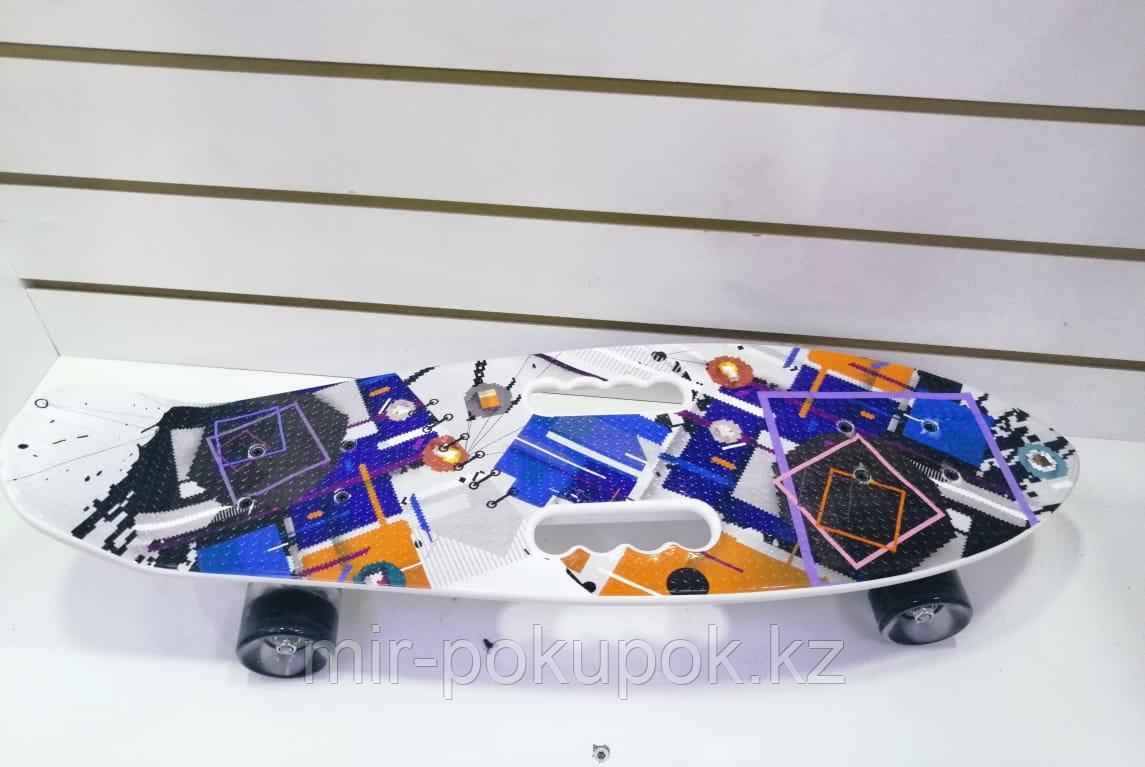 Детский Пенни борд со светящимися колесами с рисунками, с ручкой (Penny Board, скейт, пластборд), Алматы