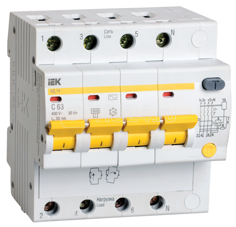 Выключатель автоматический дифференциального тока 4п C 32А 100мА тип AC 4.5кА АД-14 ИЭК MAD10-4-032-C-100
