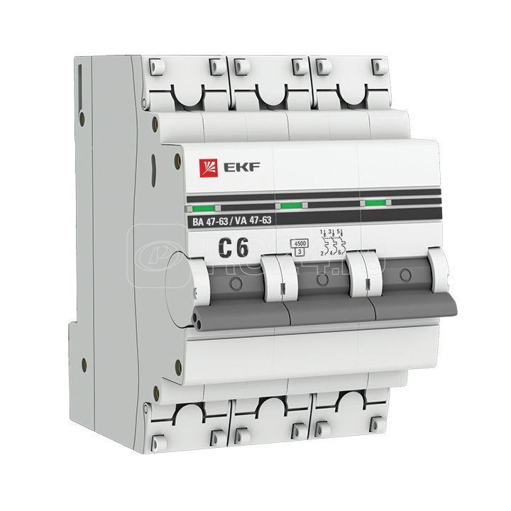 Выключатель автоматический модульный 3п C 6А 4.5кА ВА 47-63 PROxima EKF mcb4763-3-06C-pro, фото 1