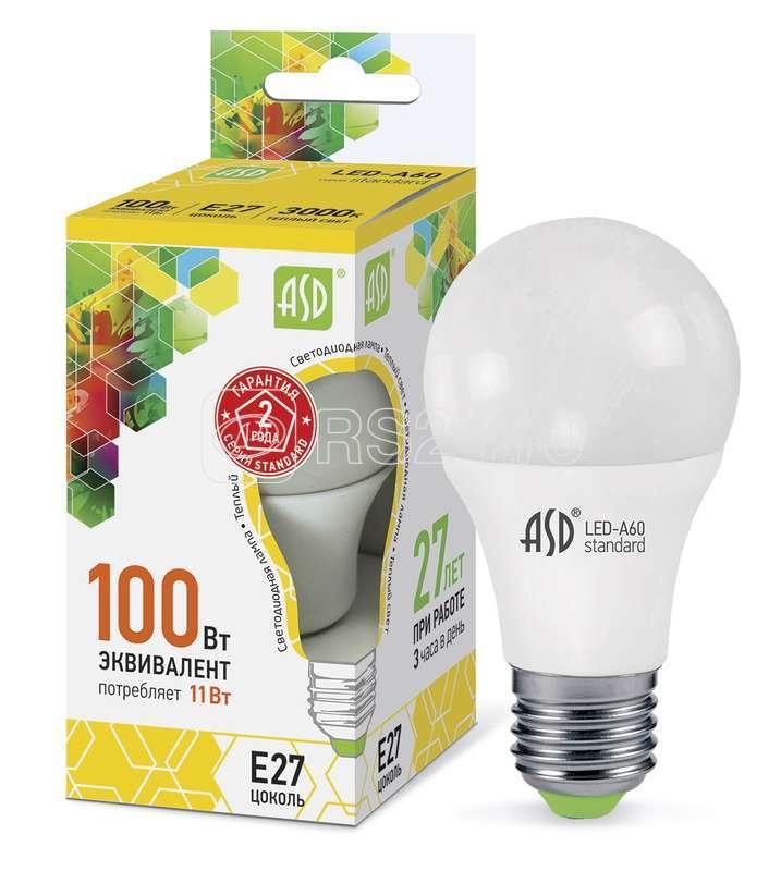 Лампа светодиодная LED-A60-standard 11Вт грушевидная 3000К тепл. бел. E27 990лм 160-260В ASD 4690612001739 - фото 1 - id-p80104997