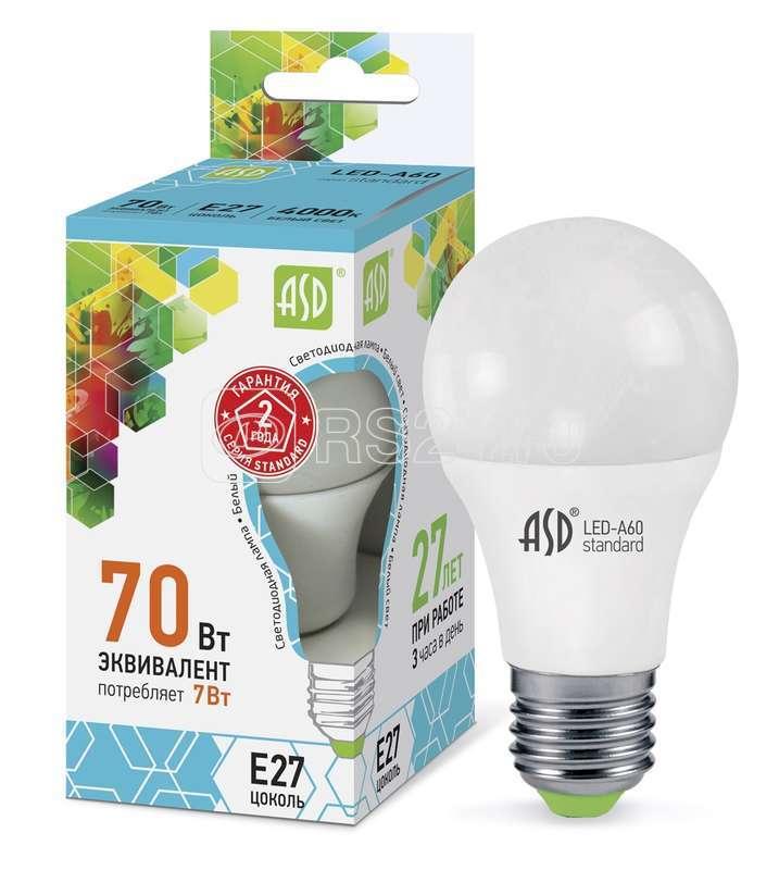 Лампа светодиодная LED-A60-standard 7Вт грушевидная 4000К бел. E27 630лм 160-260В ASD 4690612001678 - фото 1 - id-p80105013
