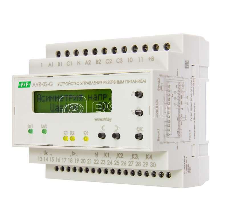 Устройство управления резервным питанием AVR-02-G (2 ввода однофункц. (для работы с генератором) ЖКИ индикатор 35мм 3х400В+N 5х8А 5P IP20 монтаж на - фото 1 - id-p80107360