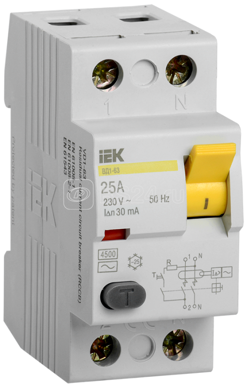 Выключатель дифференциального тока (УЗО) 2п 25А 30мА тип AC ВД1-63 ИЭК MDV10-2-025-030 - фото 1 - id-p80109524