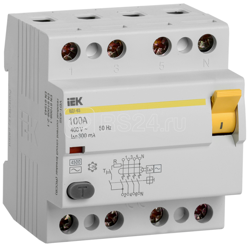 Выключатель дифференциального тока (УЗО) 4п 100А 300мА тип AC ВД1-63 ИЭК MDV10-4-100-300 - фото 1 - id-p80109528