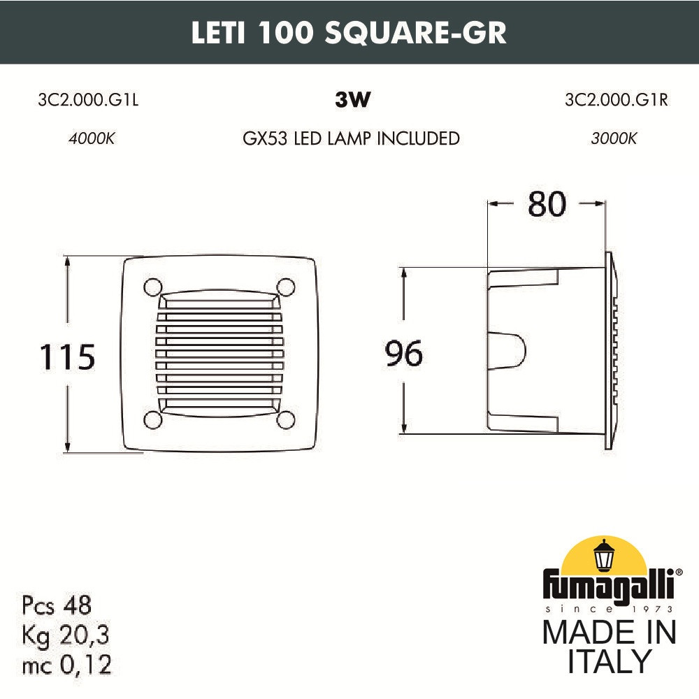 FUMAGALLI Светильник для подсветки лестниц встраиваемый FUMAGALLI LETI 100 Square-GR 3C2.000.000.AYG1L - фото 2 - id-p77035267