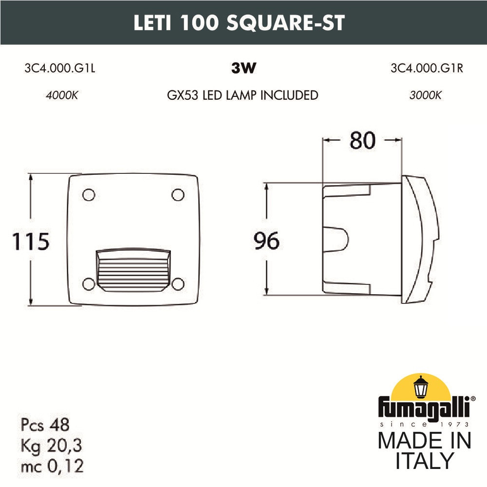 FUMAGALLI Светильник для подсветки лестниц встраиваемый FUMAGALLI LETI 100 Square-ST 3C4.000.000.LYG1L - фото 2 - id-p77035268