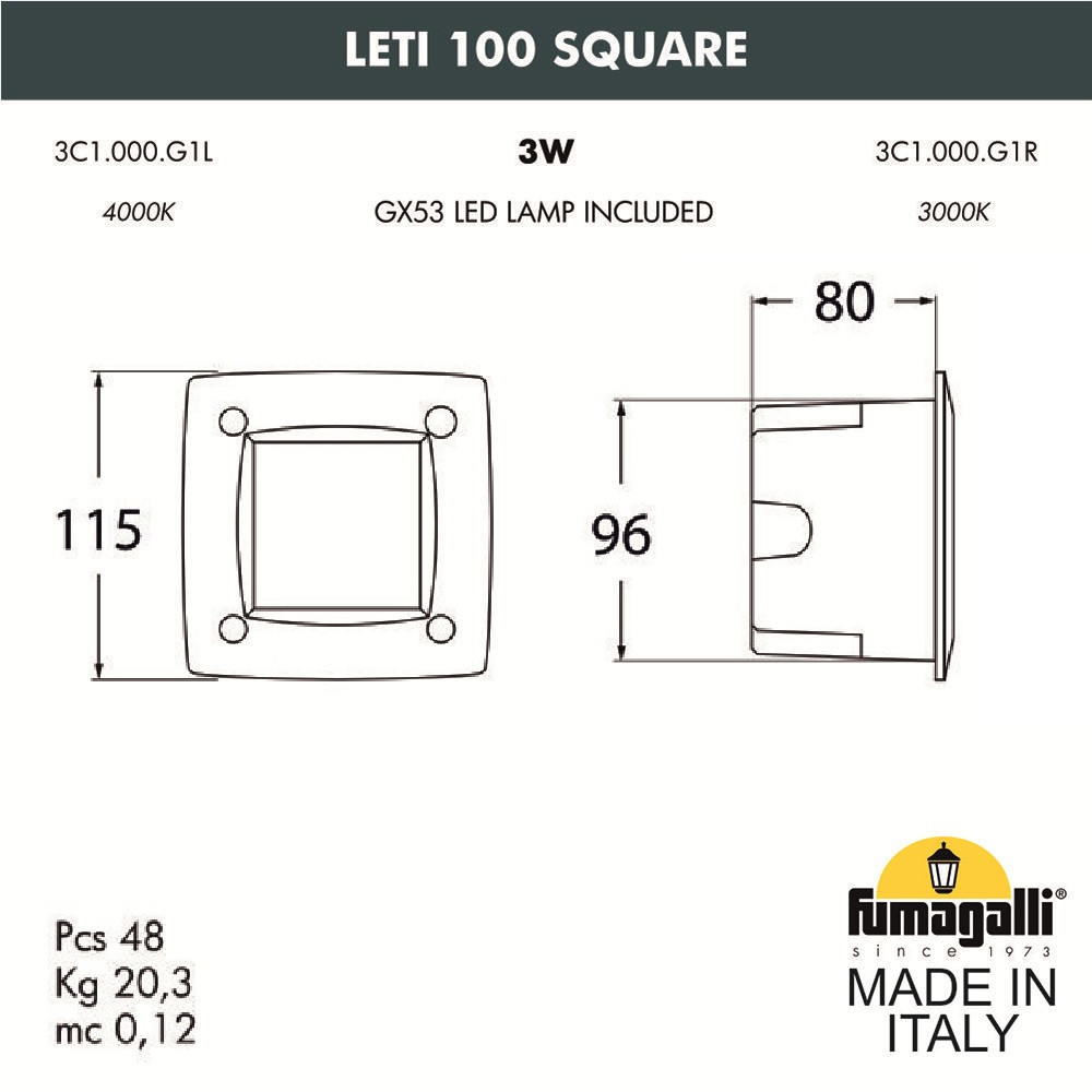 FUMAGALLI Светильник для подсветки лестниц встраиваемый FUMAGALLI LETI 100 Square 3C1.000.000.WYG1L - фото 2 - id-p77036468