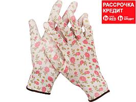 Перчатки GRINDA садовые, прозрачное PU покрытие, 13 класс вязки, бело-розовые, размер M (11291-M)