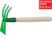 Мотыга-рыхлитель, РОСТОК 39627, с деревянной ручкой, "лопатка+3 зуба" гнутая, 145x75x390мм (39627)