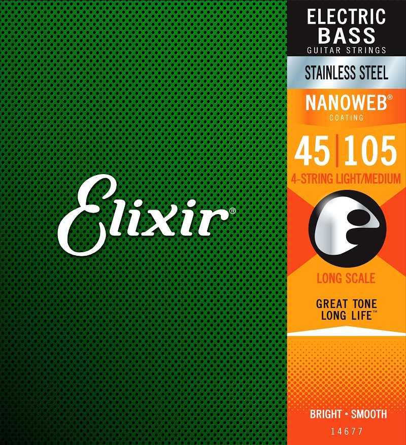 Комплект струн для бас-гитары, нерж.сталь, Medium, 45-105, NANOWEB, Elixir 14677