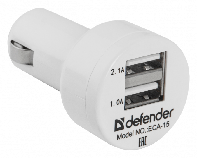 Зарядное устройство автомобильное Defender ECA-15 2 порта USB, 5V/2А белый