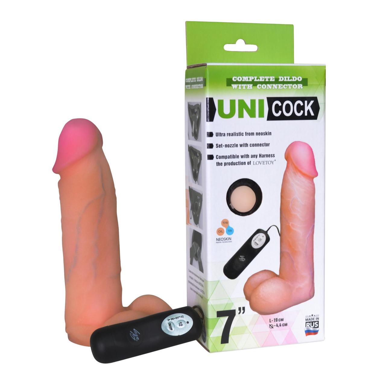 Насадка для страпона "UNI COCK 7" с вибрацией, L - 19.0 см, D - 4.4 см, киберкожа