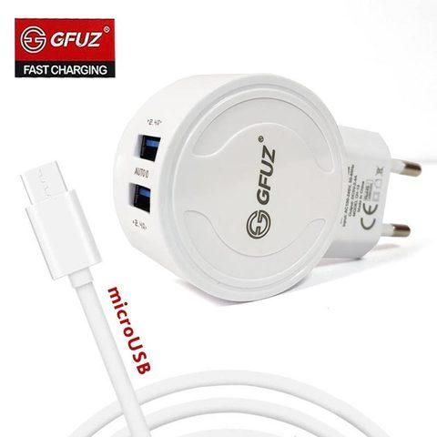 Зарядное устройство сетевое с 2-мя портами и кабелем USB GFUZ {2,4A; Fast Charging} (с разъемом microUSB) - фото 1 - id-p80436260