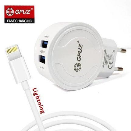 Зарядное устройство сетевое с 2-мя портами и кабелем USB GFUZ {2,4A; Fast Charging} (с разъемом Apple, фото 2