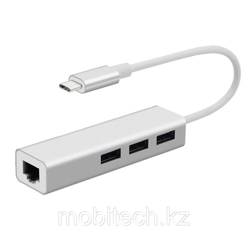 Разное Переходник 3 Ports USB3.0 HUB Type C To Ethernet LAN RJ45 Cable Adapter - фото 1 - id-p80757823