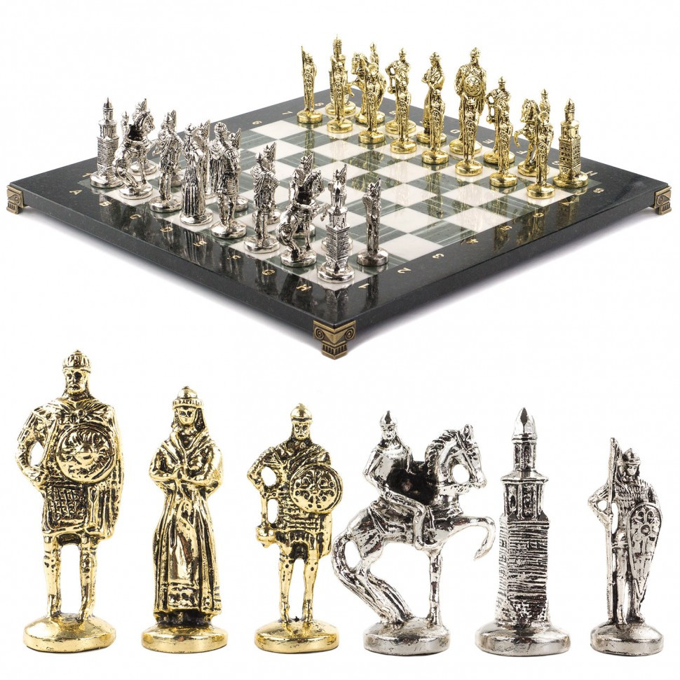 Шахматы с металлическими фигурами "Русь" доска 40х40 см из камня офиокальцит 120687 - фото 1 - id-p80872196