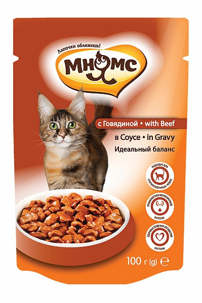 Мнямс, влажный корм для кошек с говядиной в соусе, идеальный баланс, пауч 100гр - фото 1 - id-p80941220