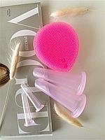 Силиконовые вакуумные баночки для массажа лица + спонжик (розовые)
