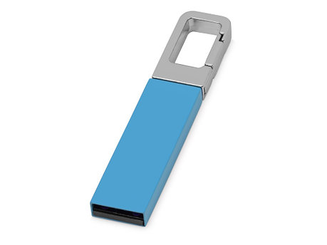 Флеш-карта USB 2.0 16 Gb с карабином Hook, голубой/серебристый, фото 2