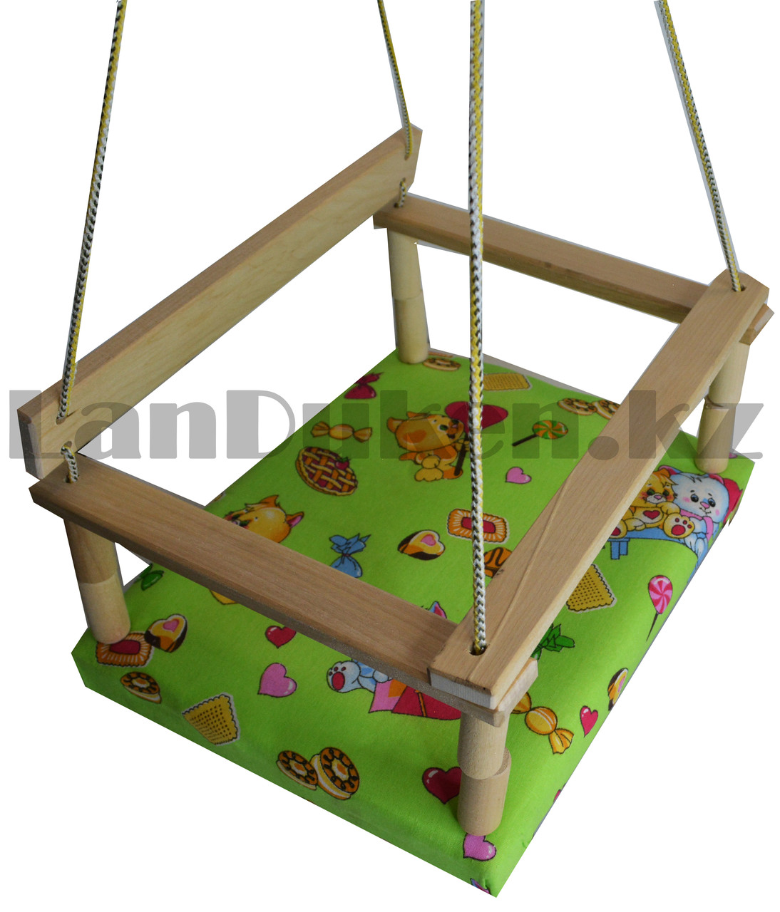 Детские подвесные качели с мягким сиденьем со спинкой деревянные зеленое - фото 6 - id-p80942510