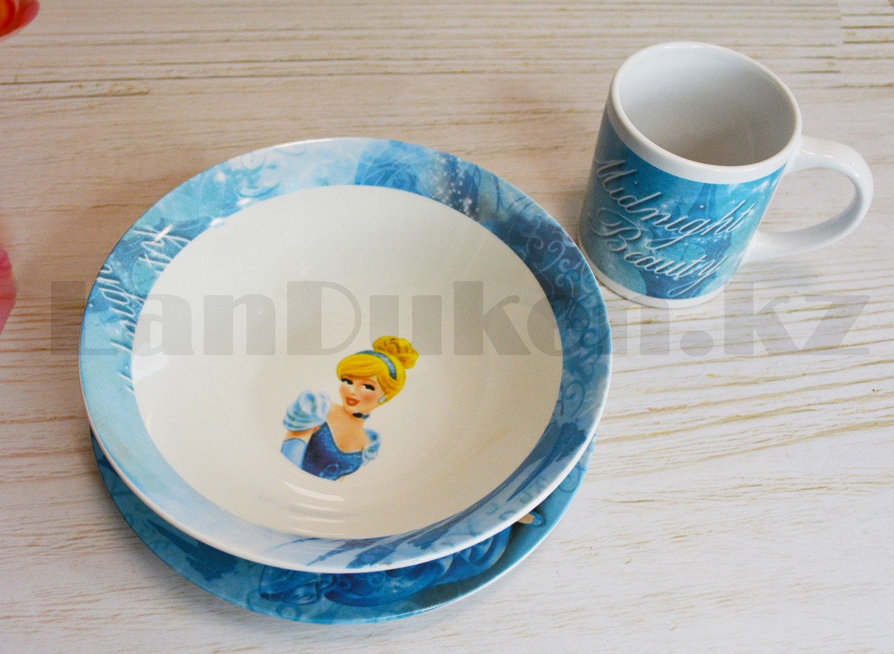 Набор детской посуды Принцесса Золушка Cinderella чашка тарелка кружка голубая - фото 4 - id-p81111161