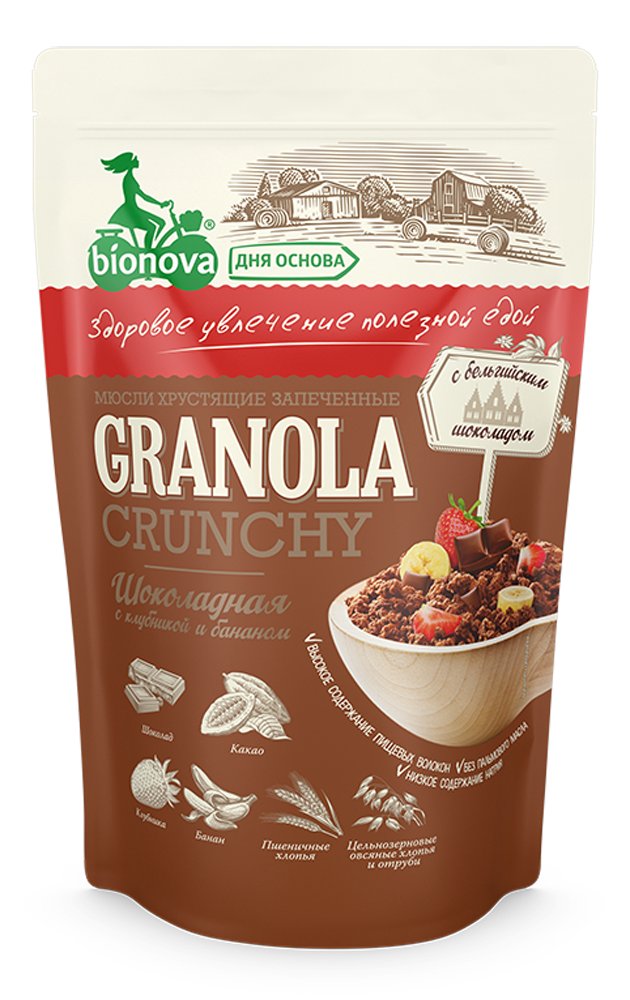 Гранола (Мюсли) Bionova® без сахара Шоколадная с клубникой и бананом  400 гр