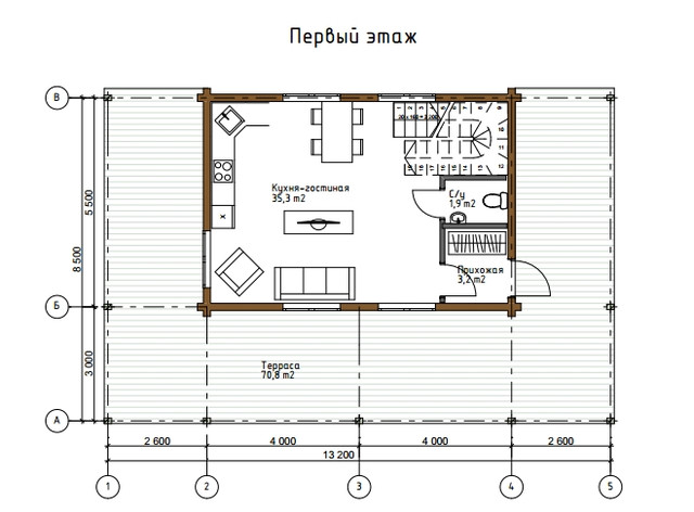 план двухэтажного деревянного дома из бруса, проект и строительство деревянного жилого дома.