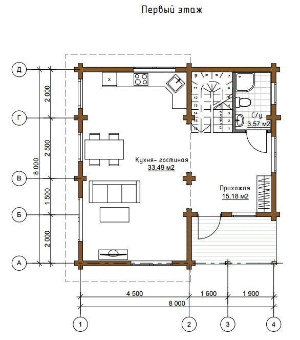план двухэтажного деревянного дома из бруса, проект и строительство деревянного жилого дома.