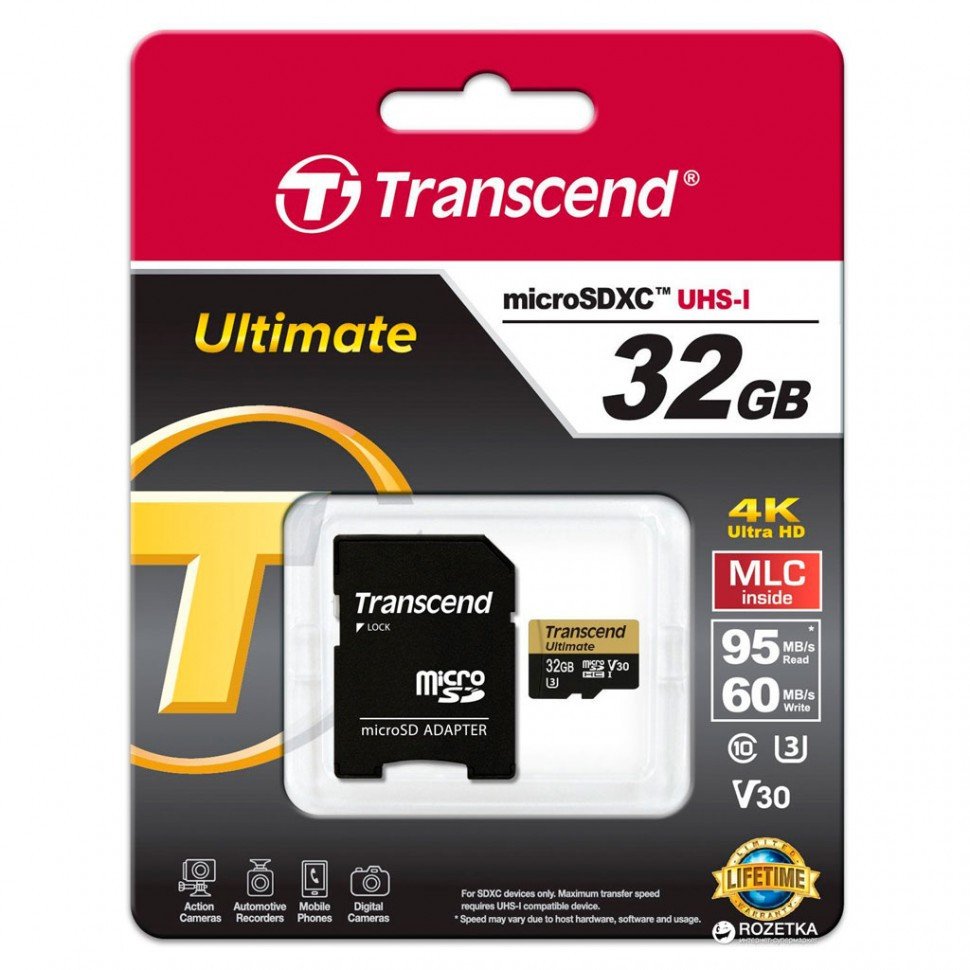 Карта памяти MicroSD 32GB Class 10 U3 Transcend TS32GUSDU3M