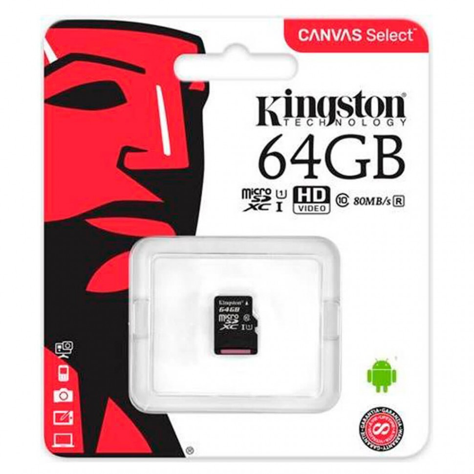 Карта памяти MicroSD 64GB Class 10 U1 Kingston SDCS/64GBSP