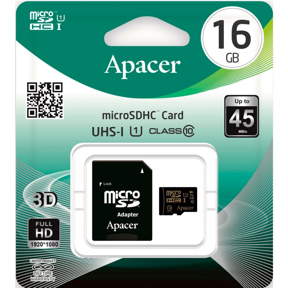 Карта памяти MicroSD 16GB Class 10 U1 Apacer AP16GMCSH10U1-R