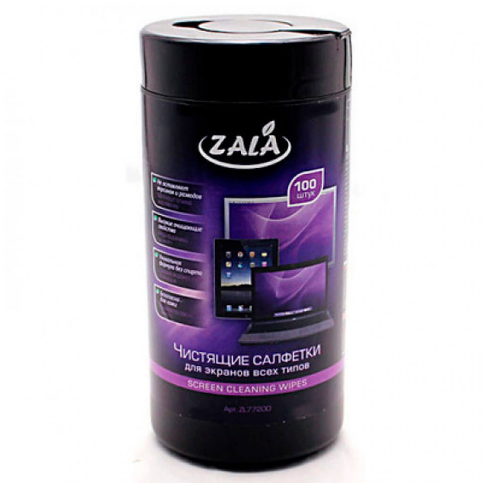Чистящие салфетки, Zala, ZL77200, Для экранов всех типов, 100 шт. Туба
