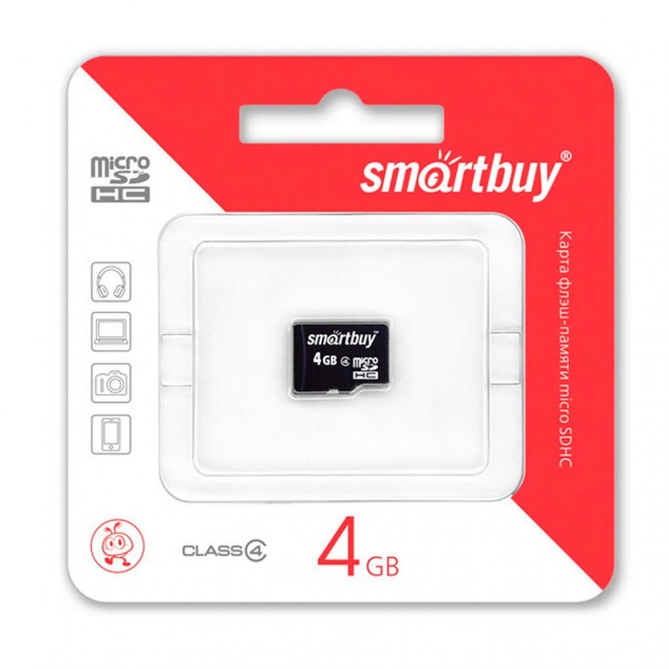 Карта памяти MicroSDHC Smartbuy 4GB class 4 (без адаптеров)