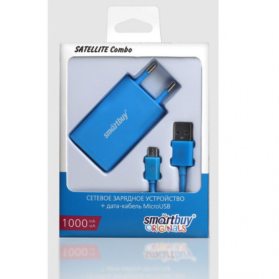 СЗУ SmartBuy SATELLITE Combo, USB+дата-кабель MicroUSB, 1А, Soft-touch, синее (SBP-2750)/60