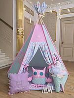 Детская палатка вигвам с ковриком и подушками розовый/голубой