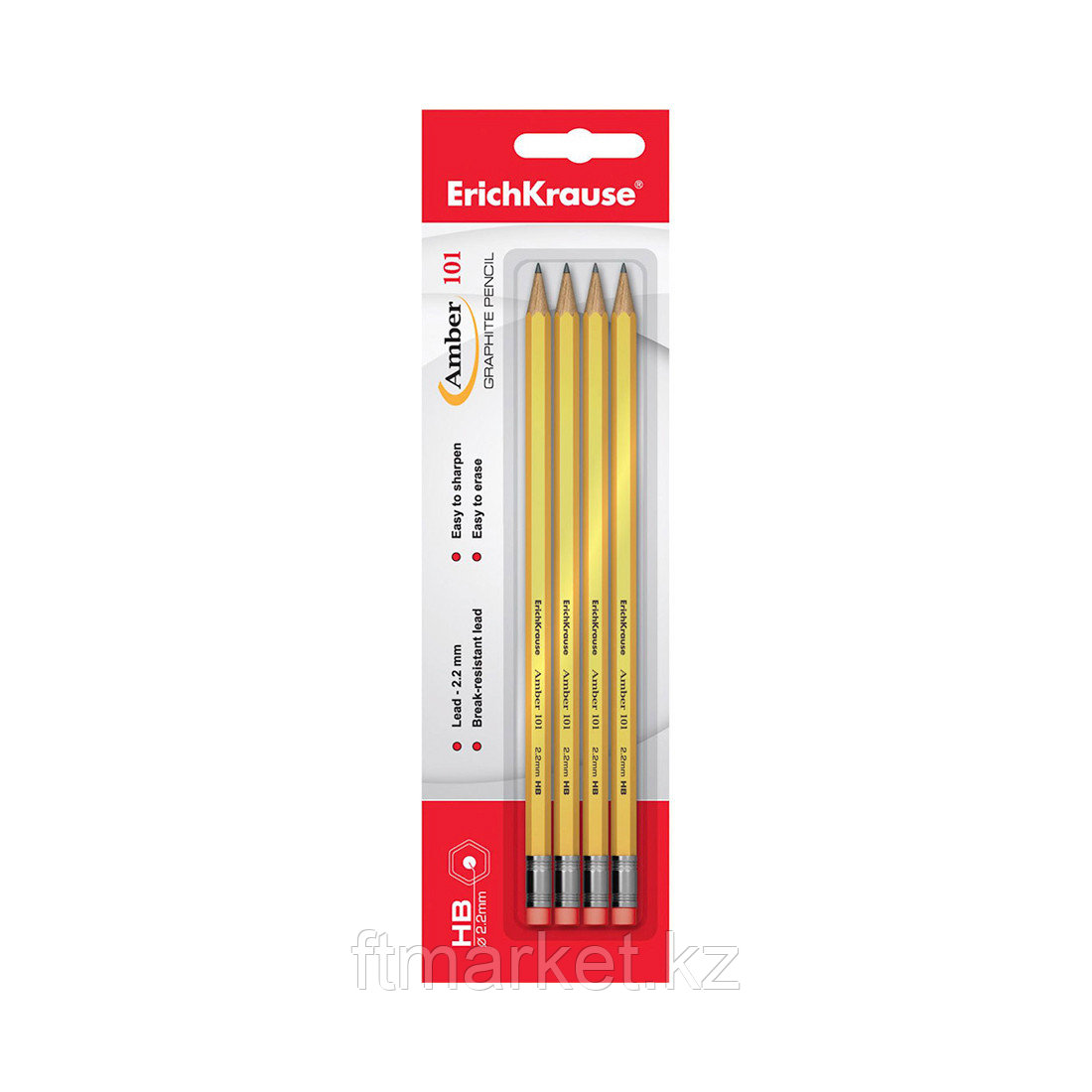 Блистер чернографитных шестигранных карандашей с ластиком ErichKrause® Amber 101 HB (4 карандаша)