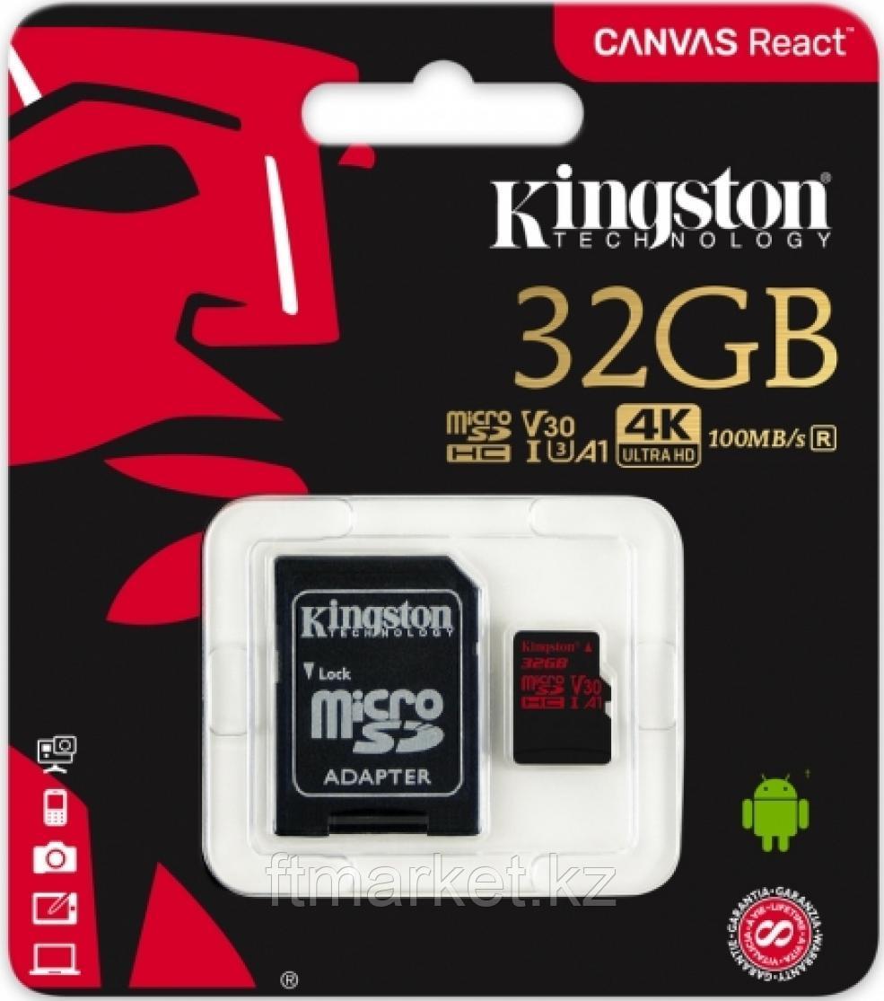 Карта памяти Kingston 32GB microSDHC Canvas React 100R/70W U3 UHS-I V30 A1 Card + SD Adapter - фото 1 - id-p81747668