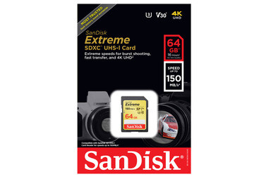 КАРТА ПАМЯТИ SANDISK EXTREME SDXC 64GB V30 UHS-I (U3) 150MB/S