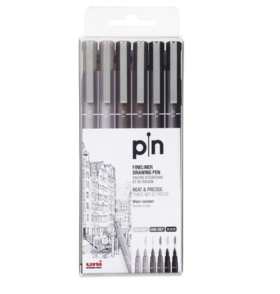 Набор ручек- линеров (liner) Uni Pin 6 штук (размеры: 0.03,0.05, 0.1, 0.3, 0.5, 0.8) - фото 1 - id-p81816152
