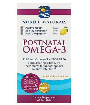 Nordic Naturals, омега-3 для приема после родов, лимон, 1120 мг, 60 капсул
