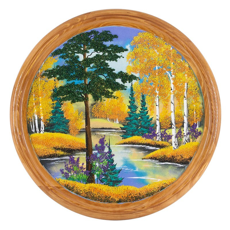 Панно каменное на тарелке из дерева "Осенний пейзаж" 50 см 111123 - фото 1 - id-p80868922