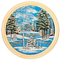 Панно каменное на тарелке из дерева "Зимний пейзаж" 60 см 111133