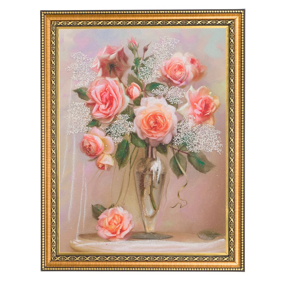 Картина с каменной крошкой "Розы в стеклянной вазочке" багет 34х44 см БИ2 112360 - фото 1 - id-p80869074